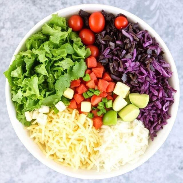 Ingredients for a vegan burrito bowl including brown rice, black beans, avocado, tomatoes, corn, cilantro, and lime.
