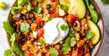 A colorful vegan burrito bowl filled with black beans, quinoa, corn, avocado, salsa, and sautéed peppers.