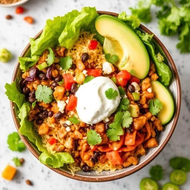 A colorful vegan burrito bowl filled with black beans, quinoa, corn, avocado, salsa, and sautéed peppers.