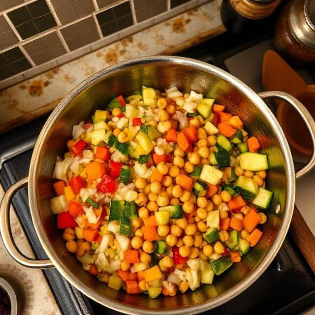 Chopped vegetables being sautéed in a pan for a healthy stir-fry mixture.