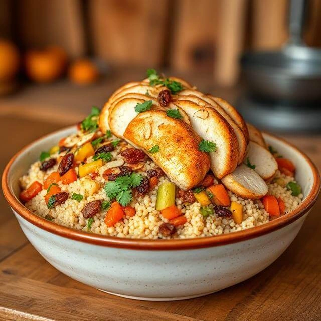 A bowl of fluffy couscous topped with fresh herbs, chopped vegetables, and a light drizzle of olive oil.