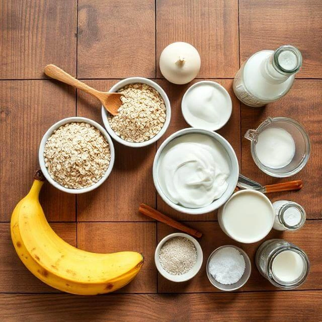 Ingredients for high-protein waffles, including protein powder, oats, eggs, and milk ready for mixing.