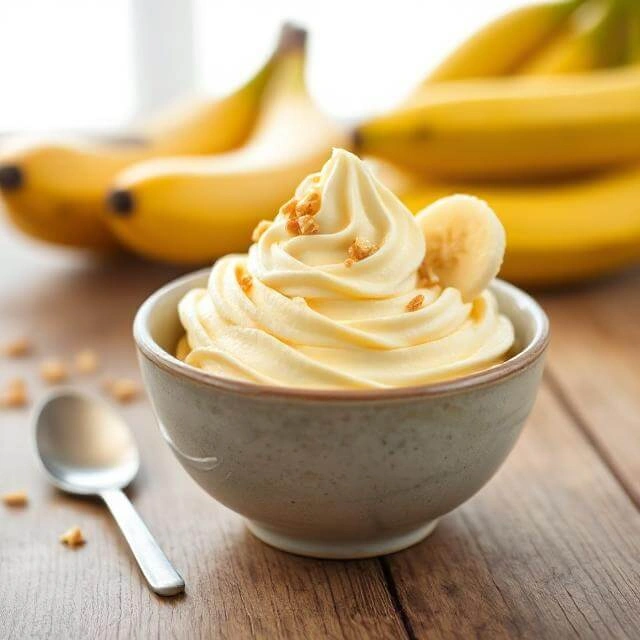 Quick High-Protein Ice Cream banana - Creamy banana-based high-protein ice cream served in a bowl, topped with nuts and a drizzle of peanut butter.