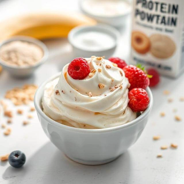 Serving a bowl of creamy homemade high-protein ice cream topped with fresh berries