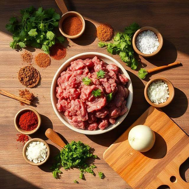 Fresh ingredients for Moroccan Kefta Tagine with Eggs including ground meat, herbs, spices, tomatoes, and eggs