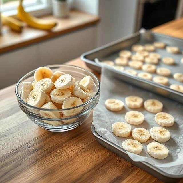 Frozen banana slices in a bowl, ready to be blended.