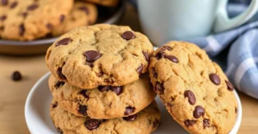 Freshly baked high-protein cookies made with crushed Quest Bars, displaying a golden brown exterior with chocolate chips visible.