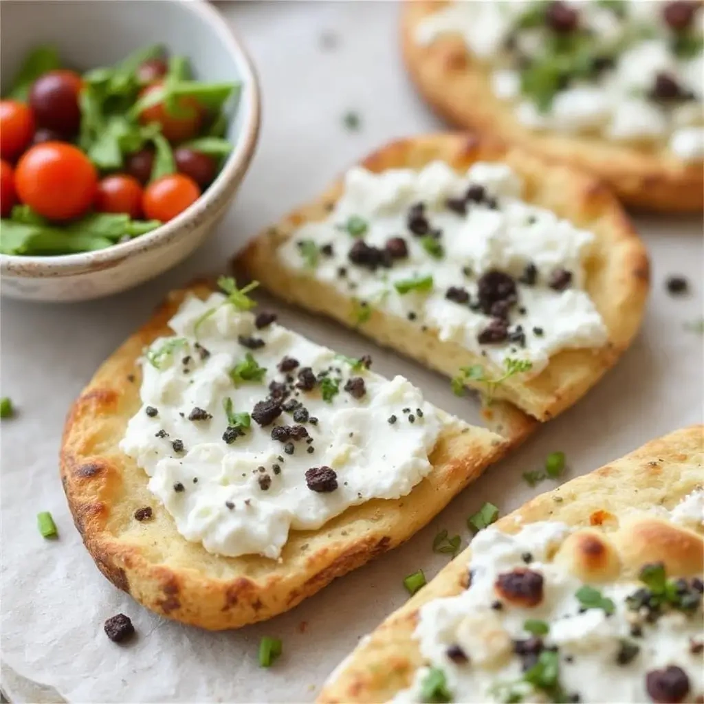 Serving a freshly made cottage cheese flatbread with a side of fresh vegetables or dip.

