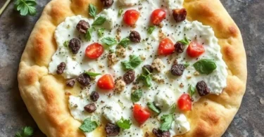 Golden-brown cottage cheese flatbread with a soft center, served on a wooden cutting board.