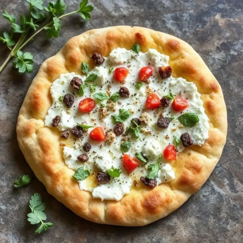 Golden-brown cottage cheese flatbread with a soft center, served on a wooden cutting board.