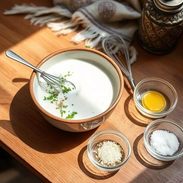 Creamy yogurt sauce in a bowl, mixed with herbs, lemon juice, and garlic.