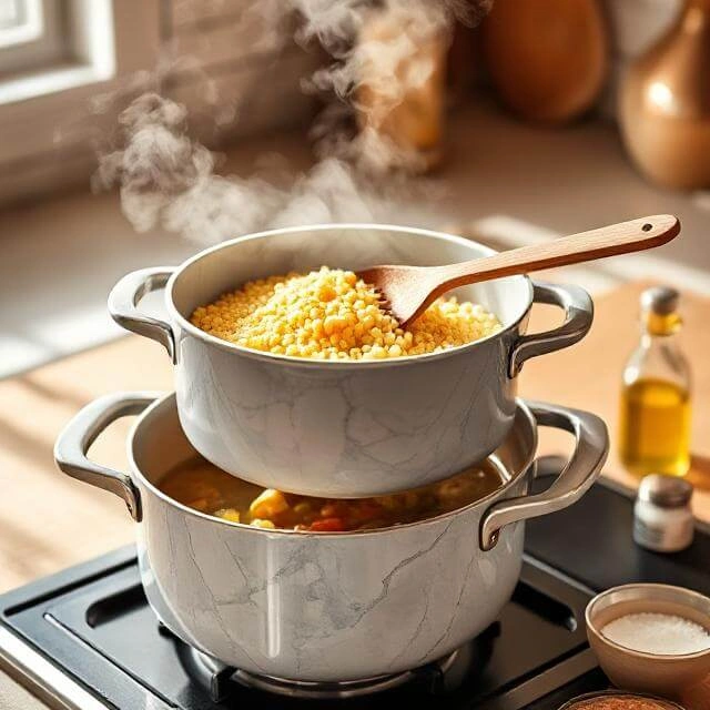 Fluffy cooked couscous in a saucepan with a fork fluffing the grains.