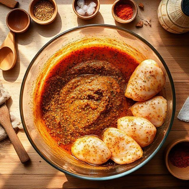 Chicken pieces coated in a flavorful marinade made from herbs, spices, and olive oil.