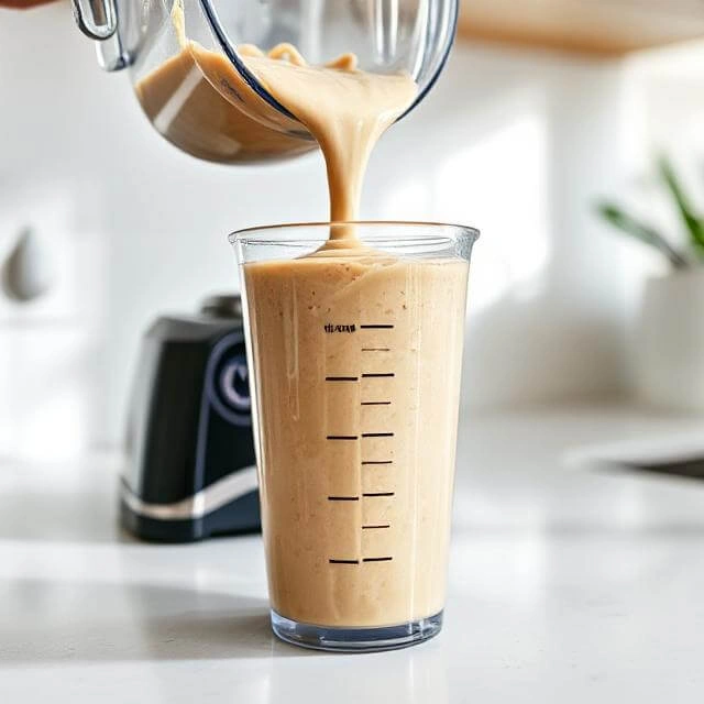 Pouring blended protein ice cream base into a Ninja Creami pint container.