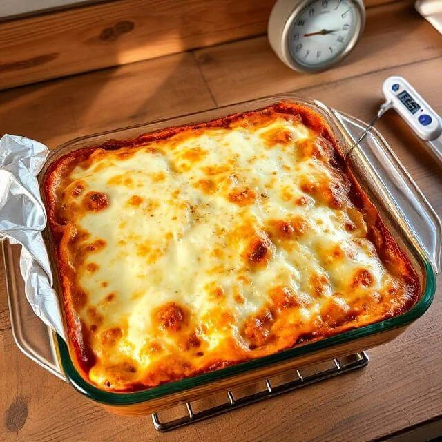 Golden-baked vegetarian lasagna with bubbly melted cheese and slightly crisp edges fresh out of the oven.

