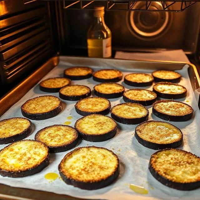 Golden crispy eggplant slices frying to perfection in a pan
