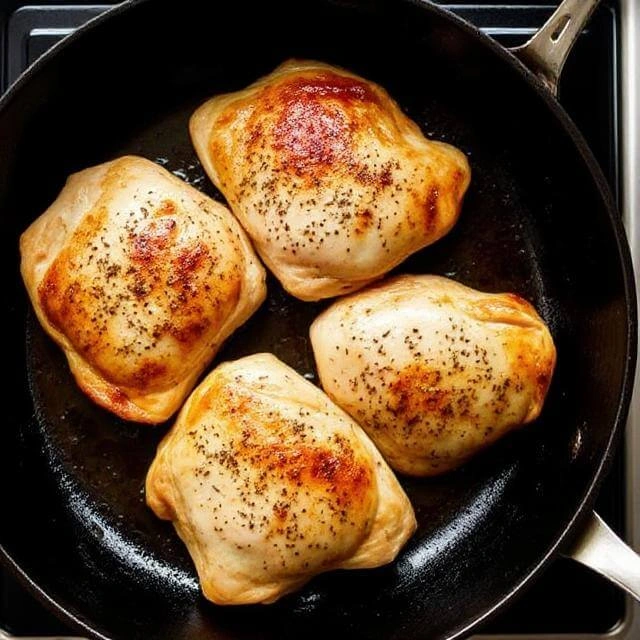 Chicken breast cooking in a hot skillet, developing a golden-brown sear.

