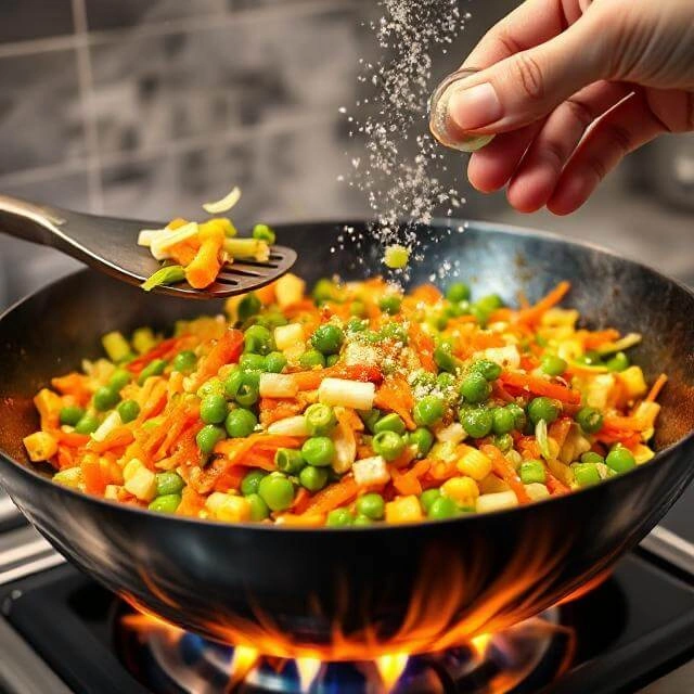 A colorful mix of diced carrots, peas, and bell peppers being stirred in a skillet with seasonings.