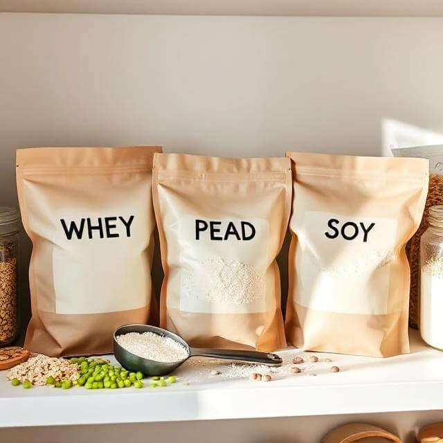 Affordable whey, pea, and soy protein powder containers with scoops and shaker bottle"
