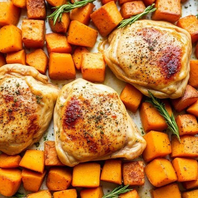 Golden baked chicken thighs served alongside roasted sweet potatoes on a plate.