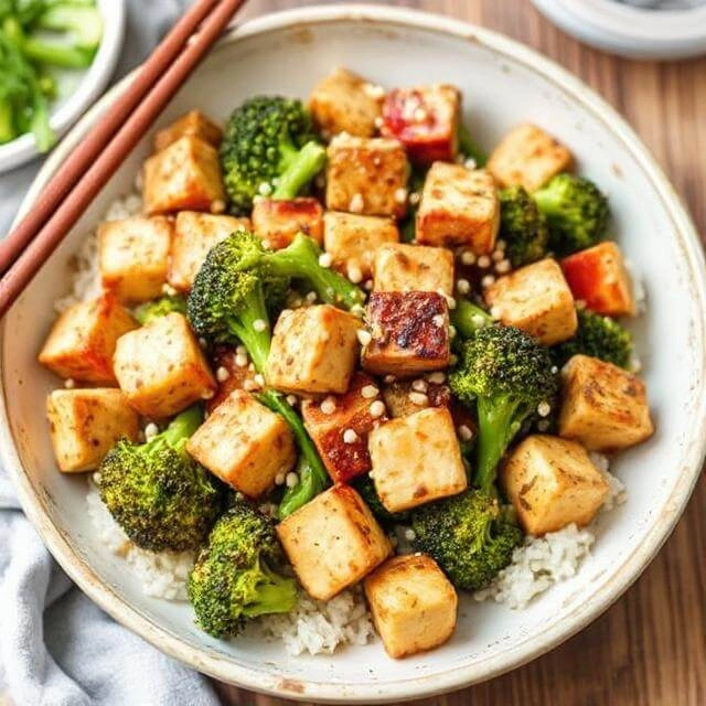 Crispy baked tofu cubes stir-fried with vibrant green broccoli florets and colorful vegetables.