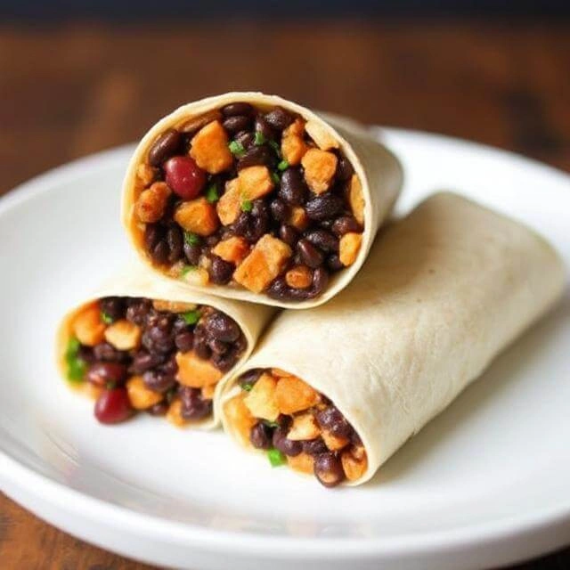 Black bean and roasted sweet potato burritos wrapped in warm tortillas with fresh greens.