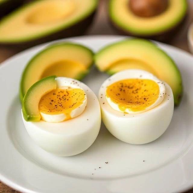 Boiled eggs sliced in half served alongside fresh avocado slices on a plate.