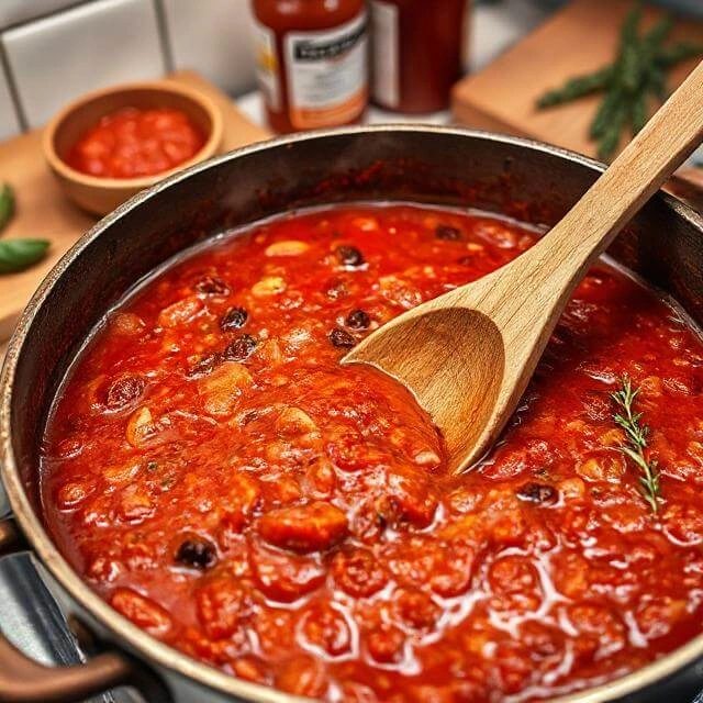 A rich tomato sauce simmering in a pot with garlic, onions, herbs, and diced tomatoes for vegetarian lasagna.

