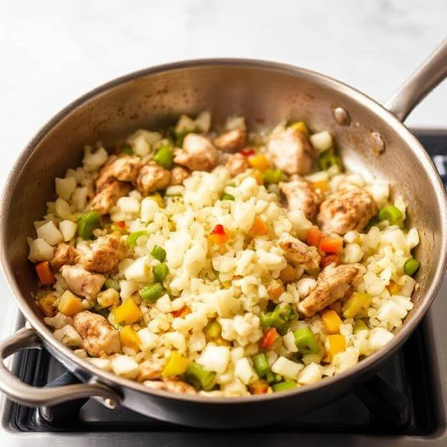 Chopped onions, garlic, and spices sautéing in a pan to create an aromatic base.

