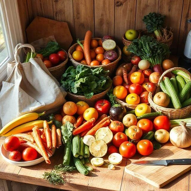 Here’s a concise alt text and description for that:
Alt Text:
"Fresh affordable fruits and vegetables arranged on a wooden table
