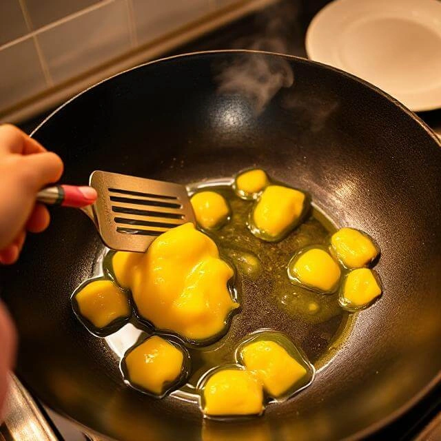 Scrambled eggs cooking in a non-stick pan, light and fluffy.