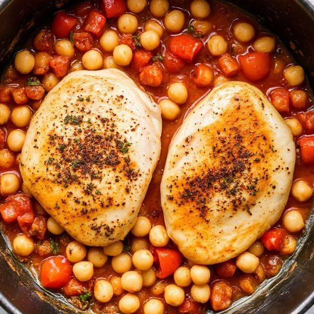A colorful mix of tomatoes, olives, herbs, and spices being combined in a pan.

