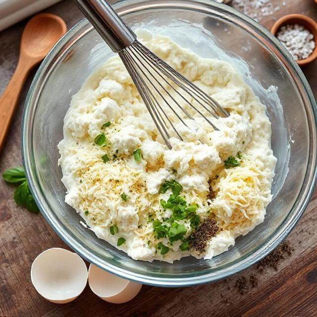 A bowl of mixed cheeses including shredded mozzarella, ricotta, Parmesan, and cottage cheese ready to be layered in vegetarian lasagna.

