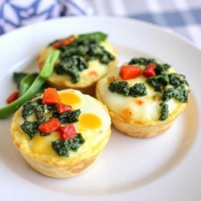 Baked egg muffins filled with vibrant spinach and colorful bell peppers, served in a muffin tin.