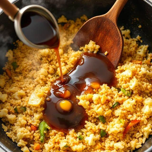 Cauliflower fried rice in a pan, tossed with soy sauce and garnished with green onions and sesame seeds.