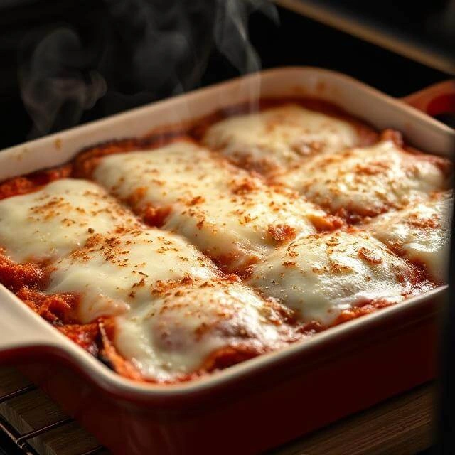 Baked eggplant parmesan with melted golden cheese fresh out of the oven
