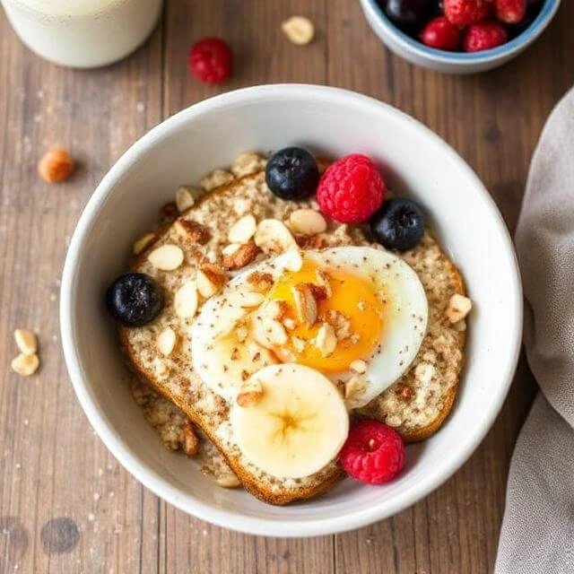 A warm bowl of high-protein oats topped with chia seeds, sliced almonds, and a drizzle of honey.