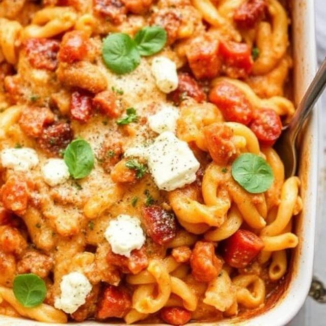 A golden-baked dish of high-protein pasta topped with melted cheese and herbs, featuring visible layers of cottage cheese and whole grain pasta.