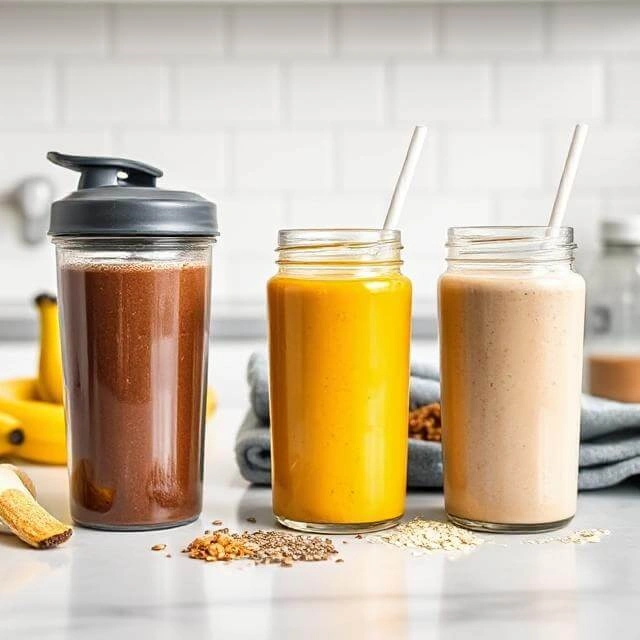 A tall glass of creamy high-protein smoothie garnished with chia seeds and almond slices, placed next to workout gear like dumbbells and a towel.