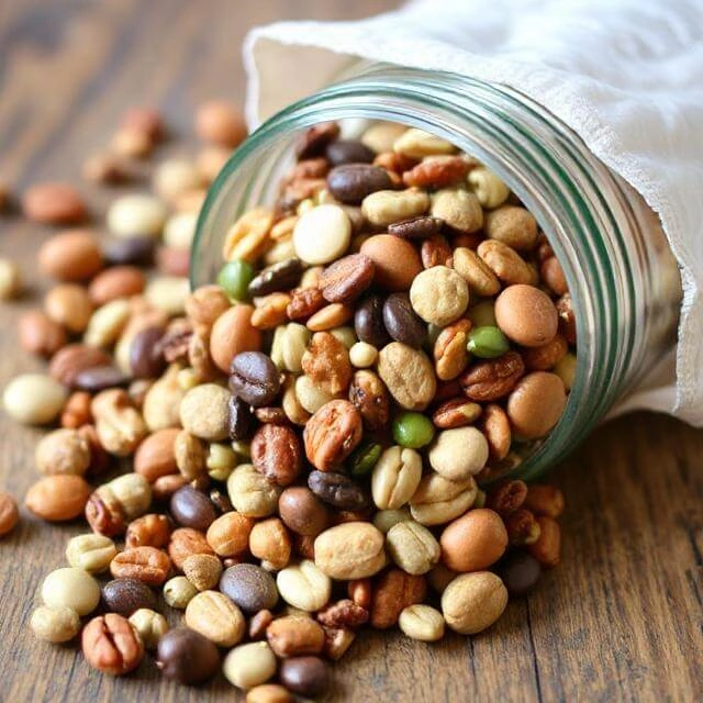 A bowl of homemade trail mix featuring a colorful blend of sunflower seeds, almonds, peanuts, and raisins.
