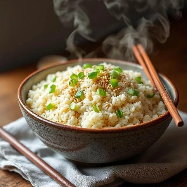 A bowl of cauliflower fried rice topped with sliced green onions and toasted sesame seeds, ready to serve.