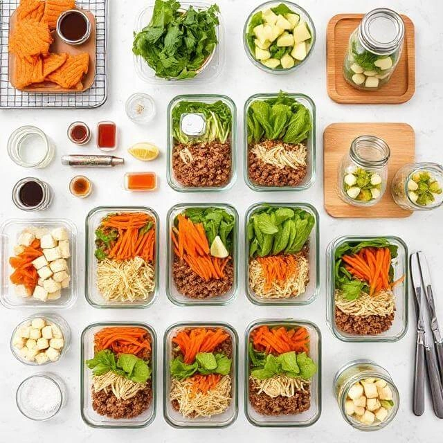 Meal prep containers filled with colorful burger bowls, ready for the week