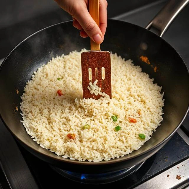 Cauliflower rice being stirred into a pan with cooked vegetables and scrambled eggs.