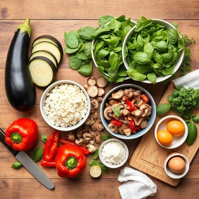 Fresh ingredients for vegetarian lasagna laid out on a kitchen counter, including lasagna noodles, tomatoes, spinach, ricotta, mozzarella, garlic, and herbs.

