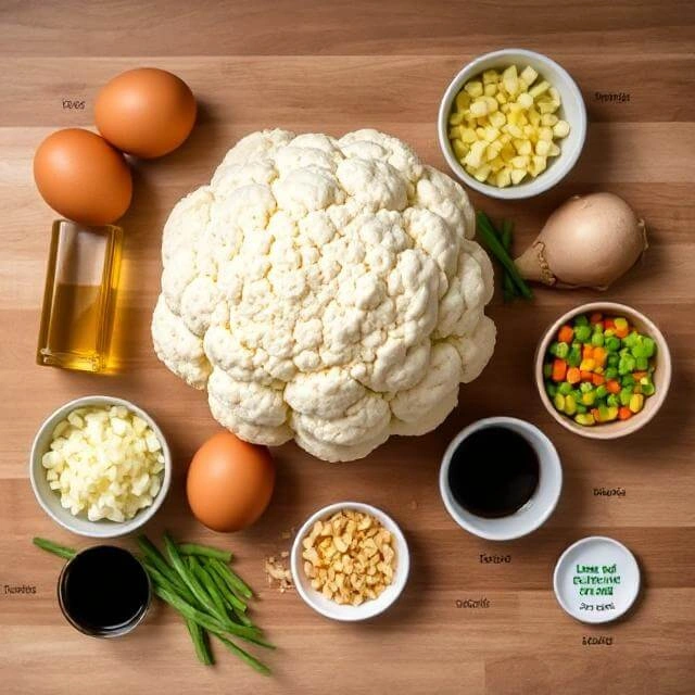 A vibrant display of fresh ingredients for cauliflower fried rice, including chopped cauliflower, diced carrots, peas, green onions, and eggs.