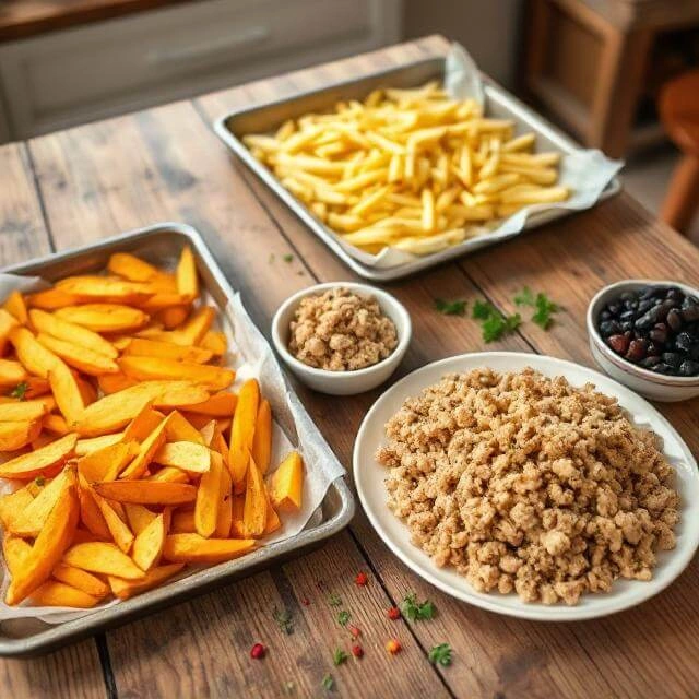 Fresh ingredients for making high-protein nacho fries including potatoes, beans, cheese, and jalapeños