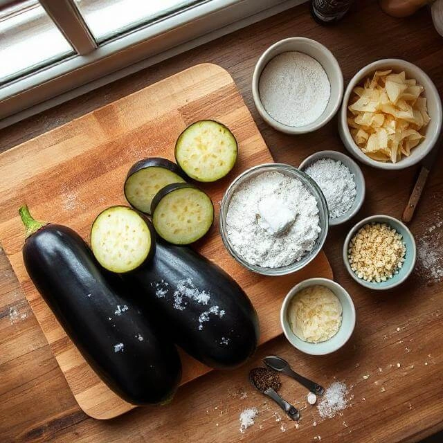 Fresh ingredients for eggplant Parmesan including eggplants, tomatoes, mozzarella, Parmesan cheese, garlic, and herbs arranged on a kitchen counter.