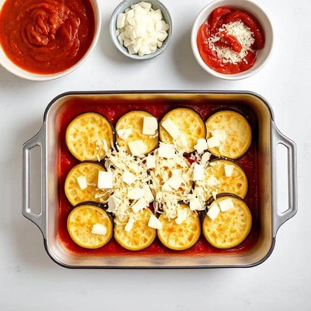 Hands skillfully layering eggplant slices, marinara sauce, and cheese in a baking dish