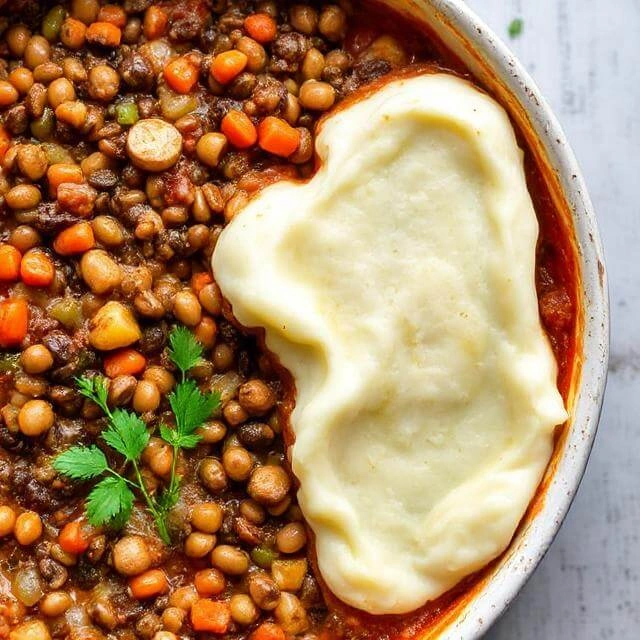 Golden-baked Lentil & Mushroom Shepherd’s Pie topped with creamy mashed potatoes in a rustic baking dish.