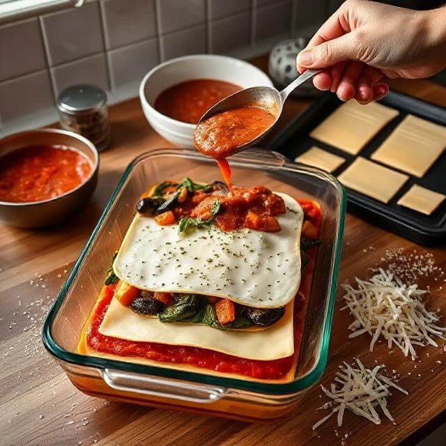 Layering sheets of pasta, tomato sauce, cheese, and vegetables in a baking dish to assemble vegetarian lasagna.

